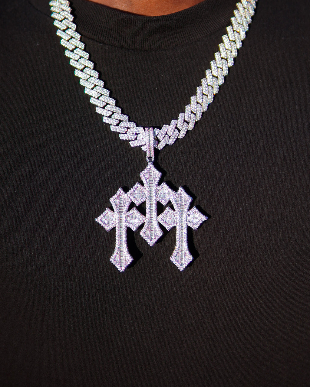 Diamond Triple Cross Pendant - 14K White Gold - Lavenir Jewelry