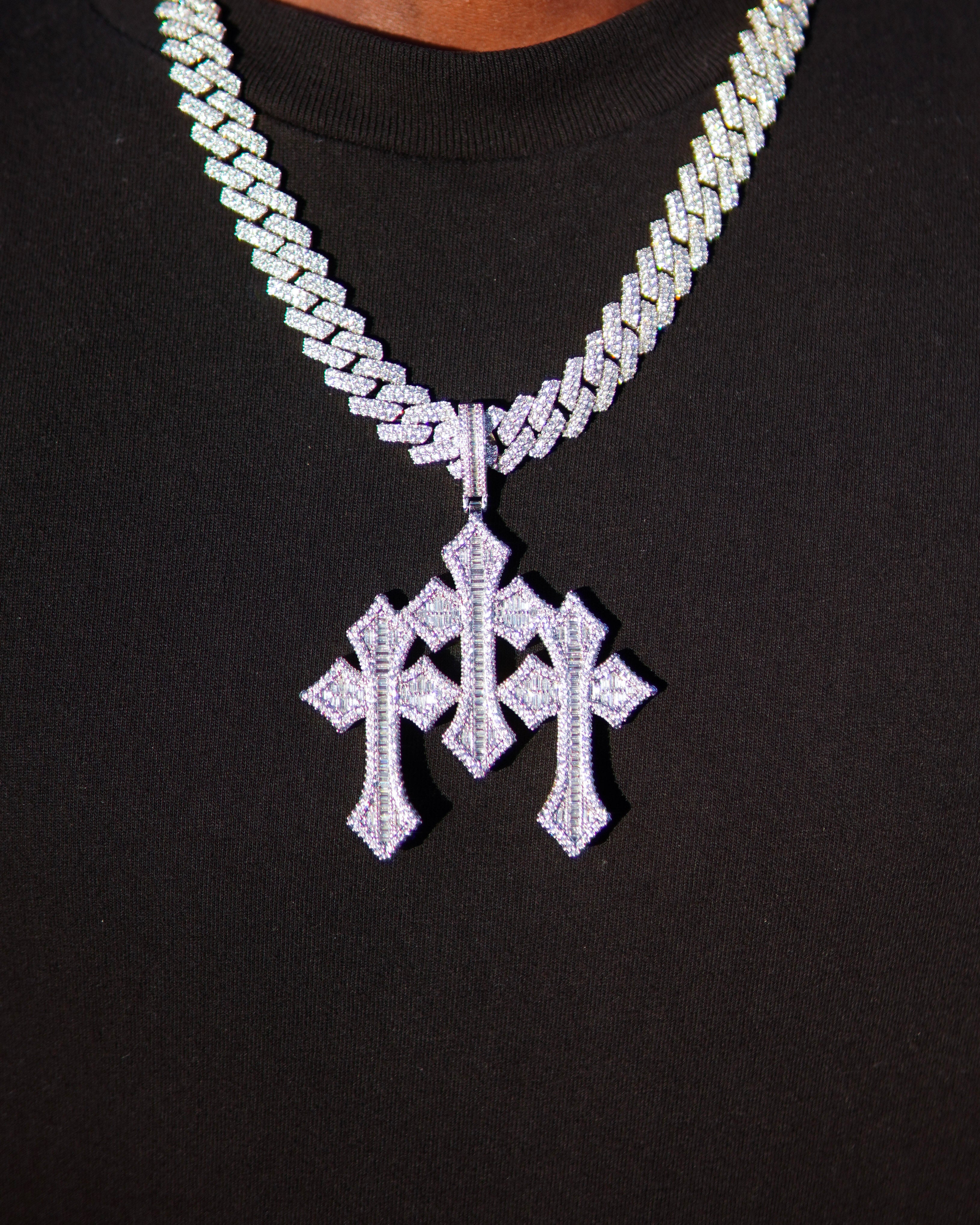 Diamond Triple Cross Pendant - 14K White Gold - Lavenir Jewelry